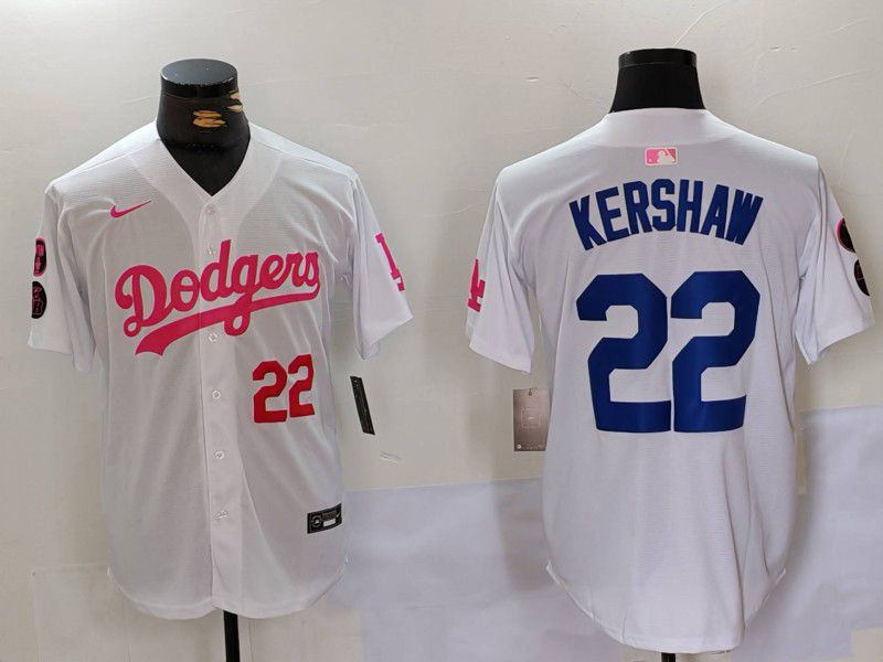 Men Los Angeles Dodgers 22 Kershaw White pink joint name 2024 Nike MLB Jersey style 2